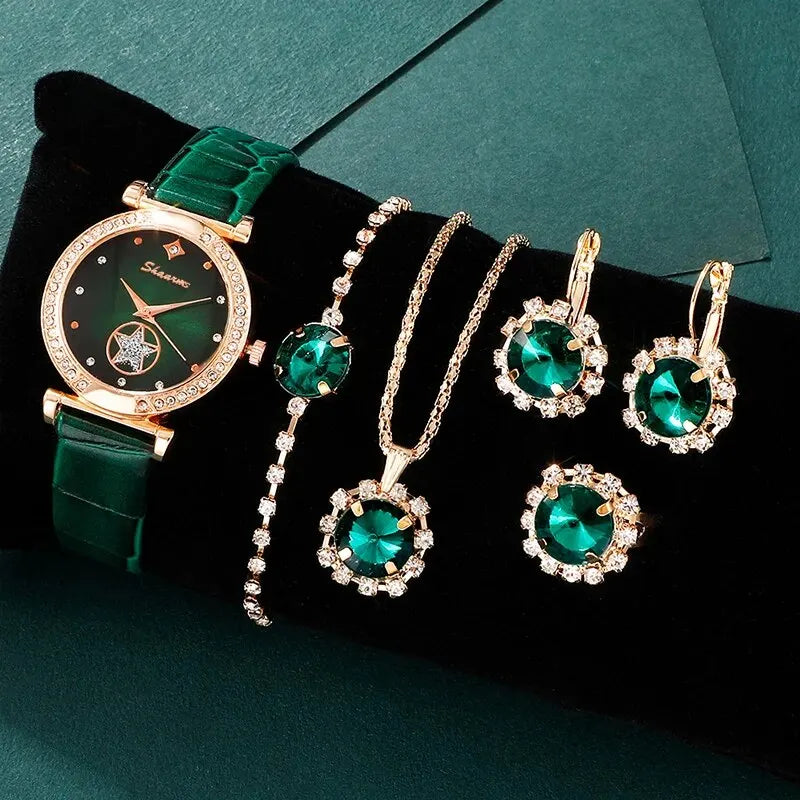 6PCS Set Green Luxury Quartz Watch Women Ring