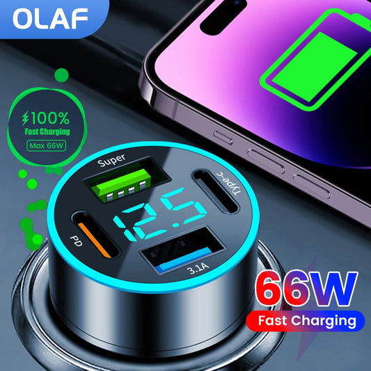 4 Ports 66W USB Car Charger Super Fast Charging Car