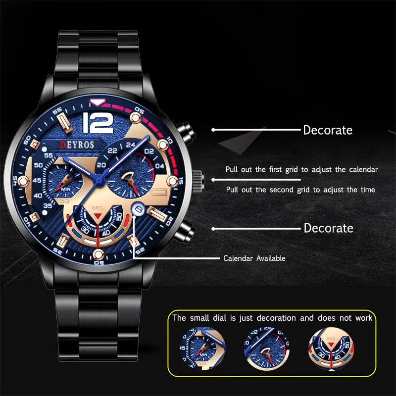 Fashion Mens Stainless Steel Watches Luxury Quartz Wristwatch