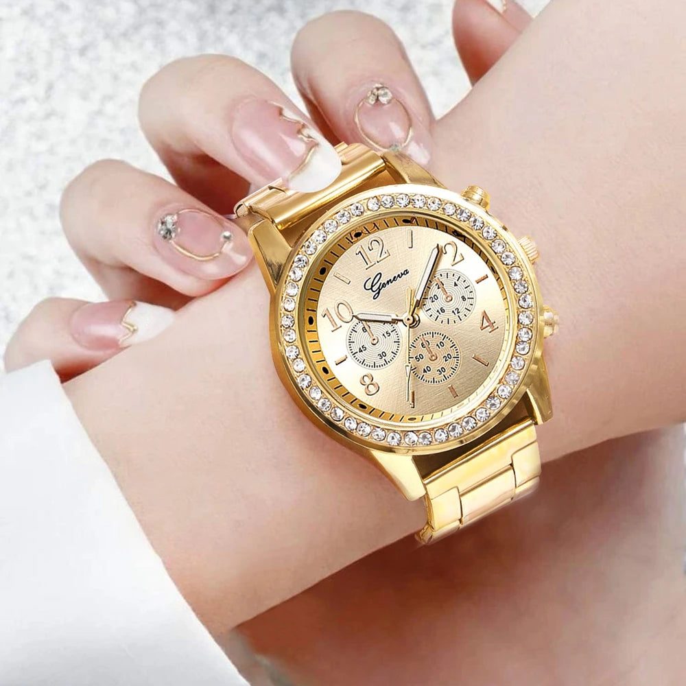 6PCS Set Luxury Watch Women Ring Necklace Earrings Rhinestone