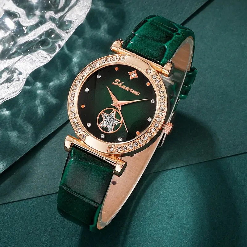 6PCS Set Green Luxury Quartz Watch Women Ring