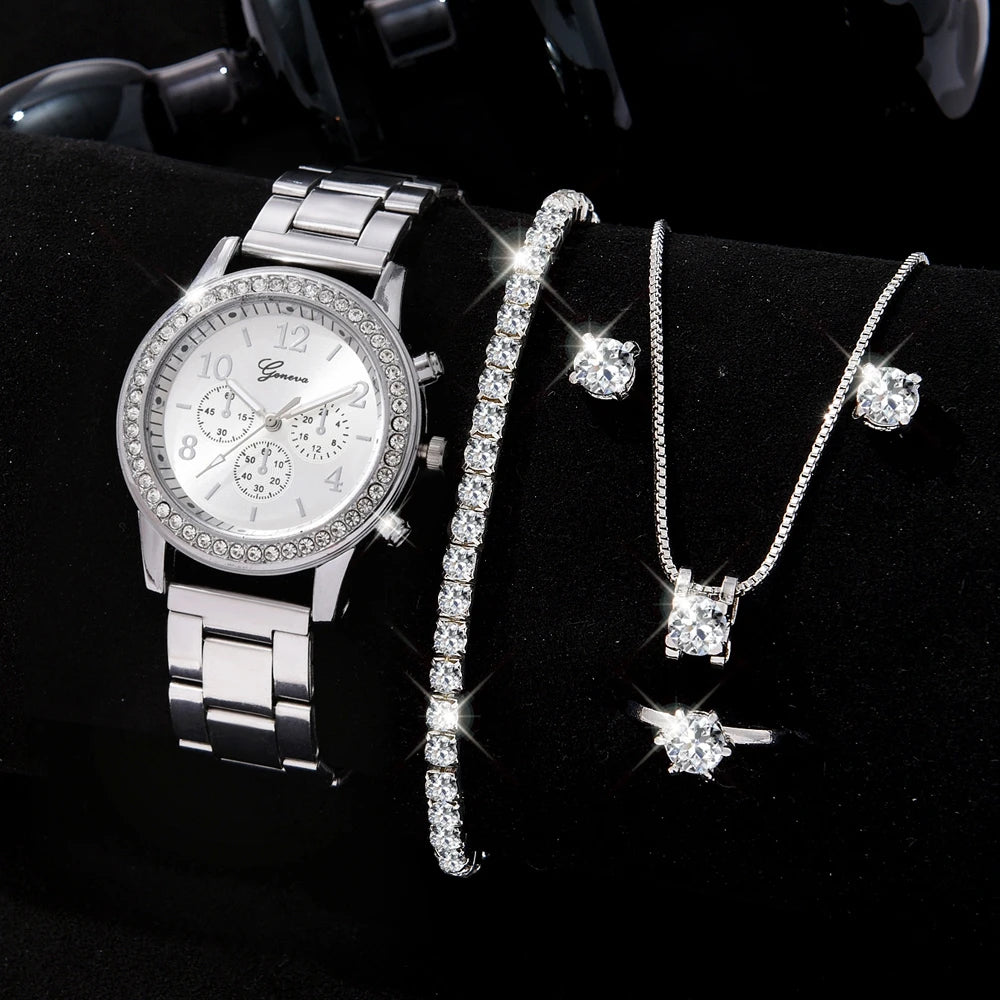 6PCS Set Luxury Watch Women Ring Necklace Earrings Rhinestone