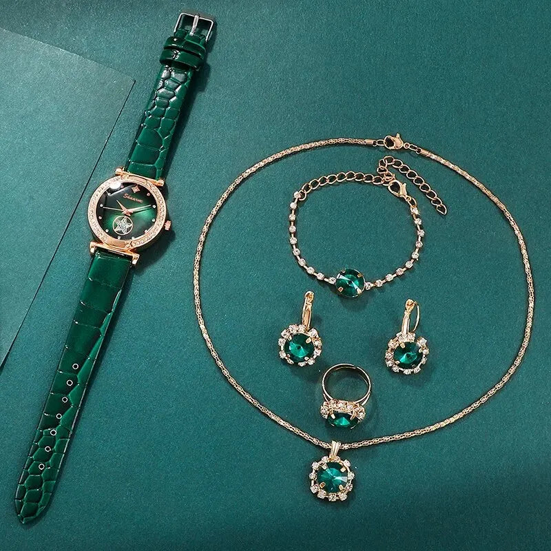 6PCS Set Green Luxury Quartz Watch Women Ring